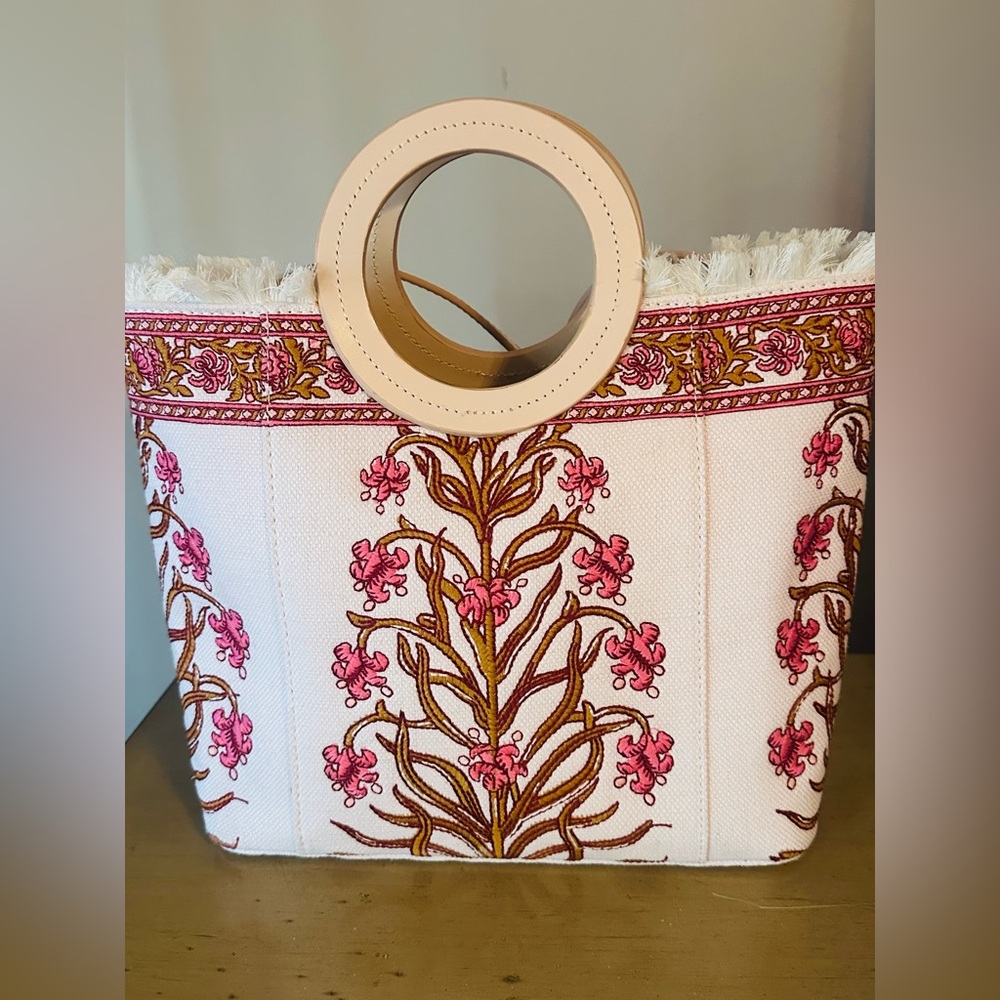 Authentic Spartina 449 Pepper Hall Woodblock Pink and Tan Embroidered Tote! NWT - Picture 1 of 11
